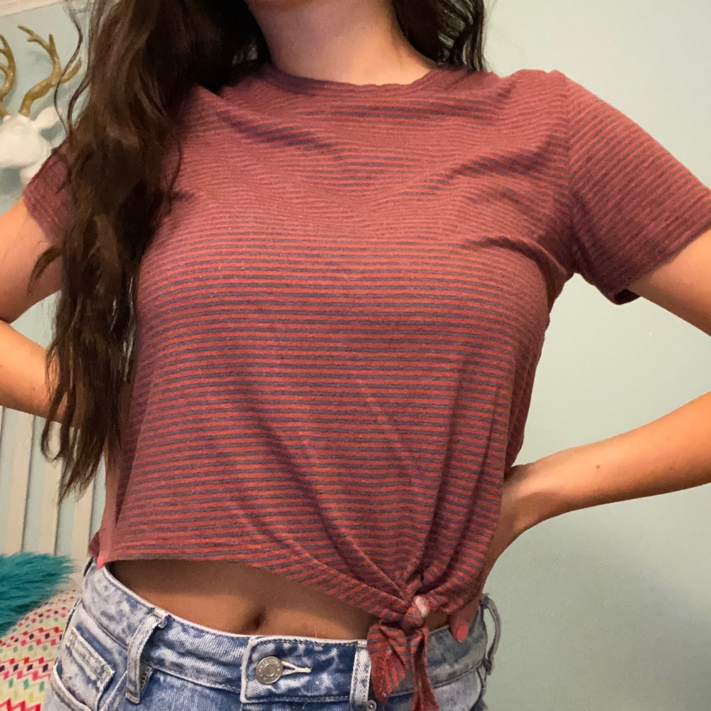 Red and Dark Gray Striped Crop Top